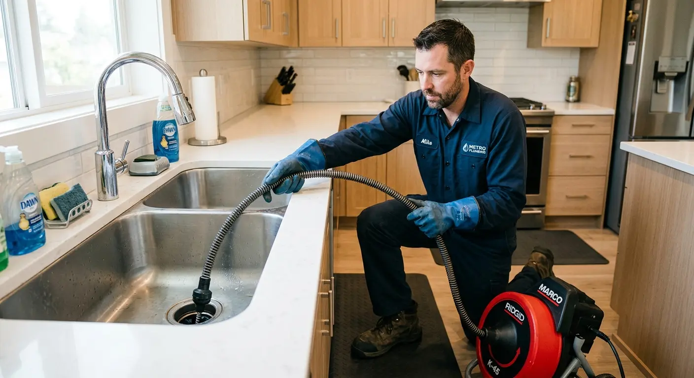 Drain cleaning technician using a motorized snake on a kitchen sink in Canby