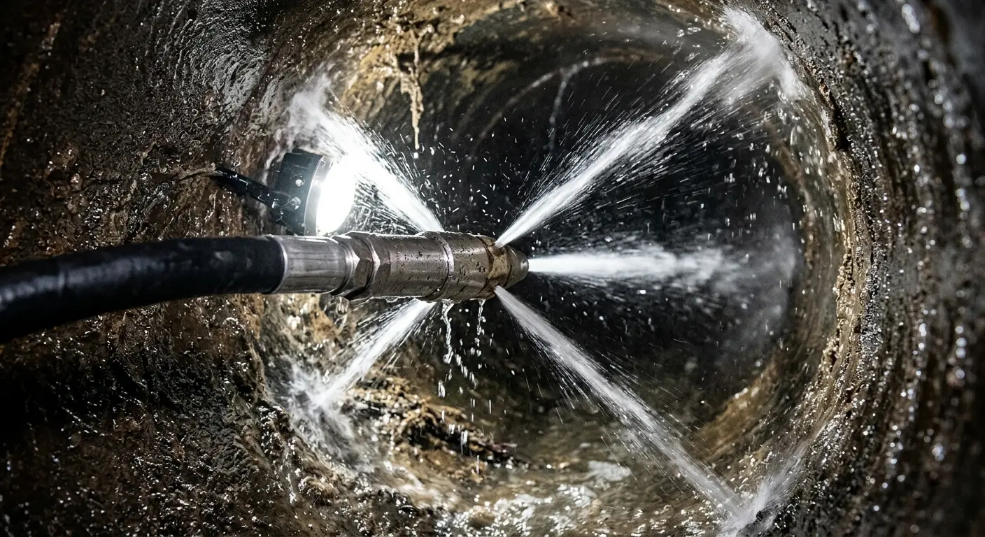 High-pressure hydro jetting nozzle cleaning sewer pipe for Sewer Cleanout in Canby
