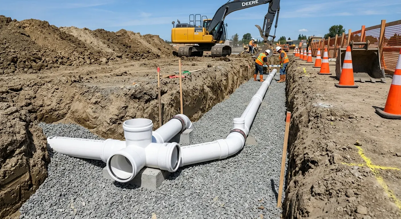 New PVC sewer pipe installation in open trench for Sewer Camera Inspection in Canby