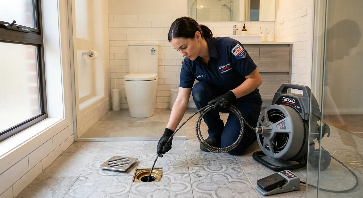 Technician clearing a bathroom floor drain for Drain Repair in Canby